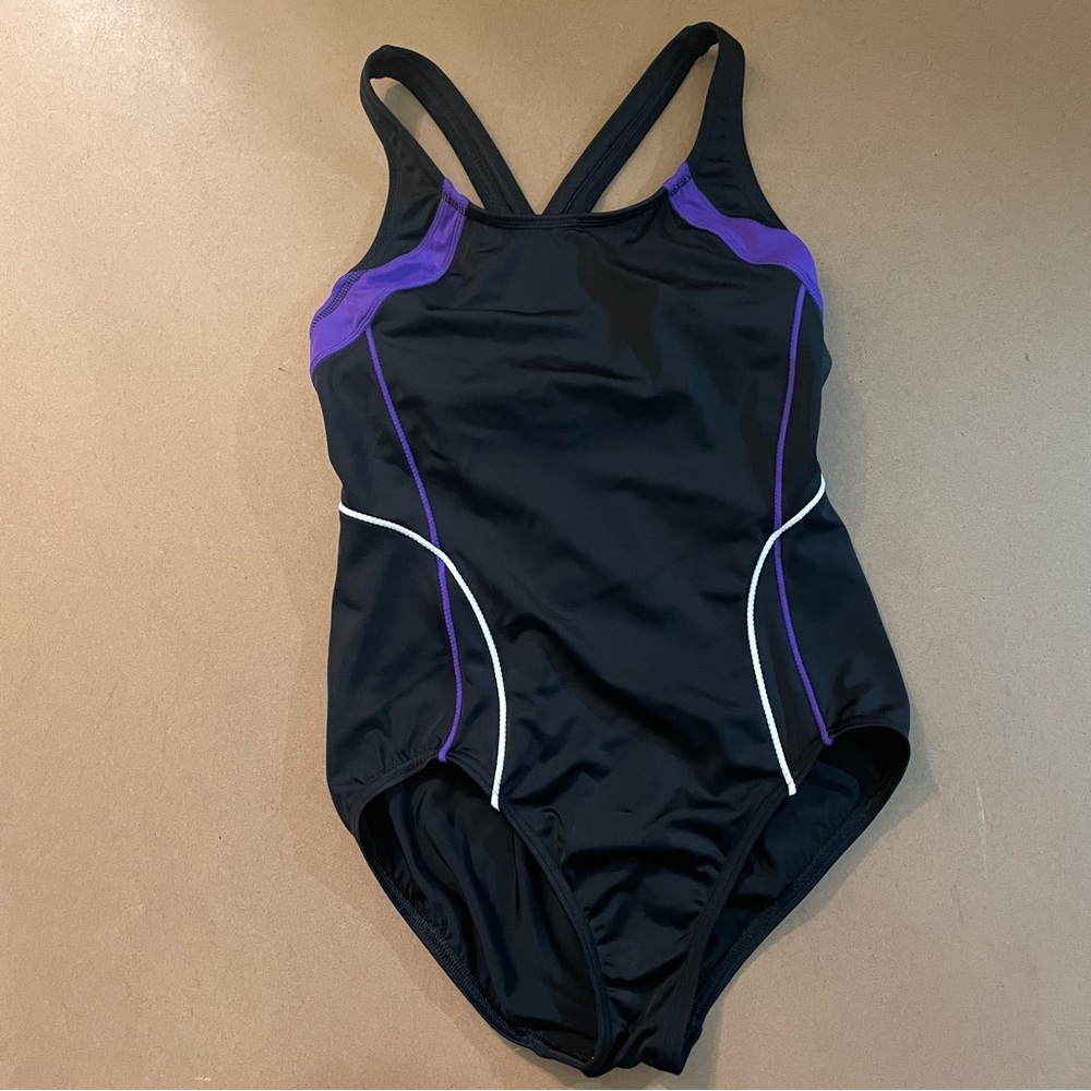 Lands’ End Black and Purple Colorblock  Full Coverage One Piece Swimsuit